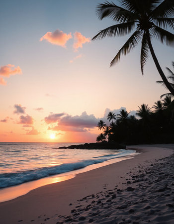 Tropical beach with coconut palm trees at sunset, Seychelles