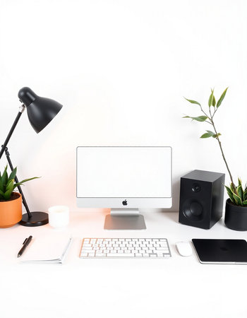 Modern workspace with computer, keyboard, smartphone and plant on white backgroundの写真素材