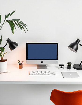 Modern workplace with computer and stationery on table, 3d render