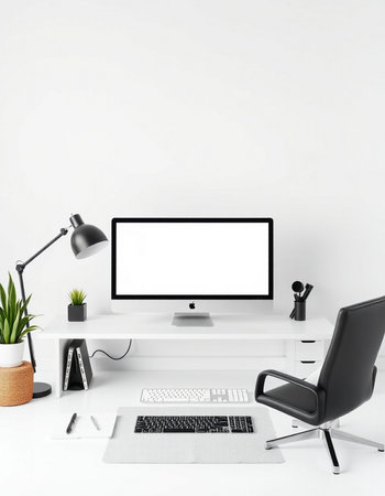 Modern workspace with blank computer monitor, keyboard, mouse, lamp and plant. Mock up, 3D Rendering