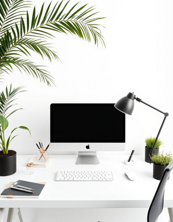 Minimal workspace with computer, stationery and plants on white table