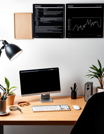 Modern designer workspace with computer, supplies and decorations. 3D Renderingの写真素材