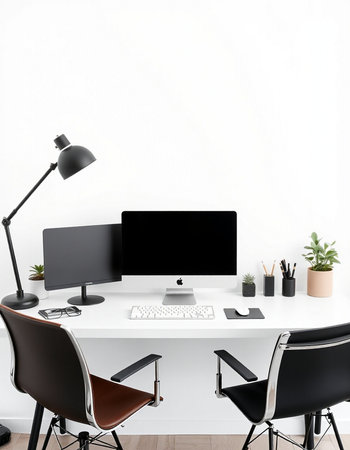 Modern workspace with blank computer monitor and other items. Mock up, 3D Rendering