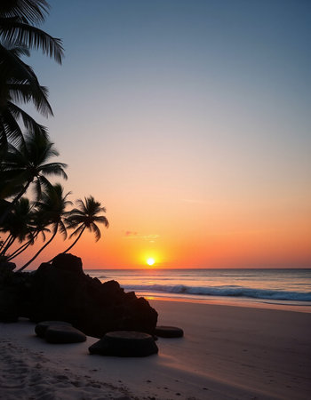 Tropical beach at sunset with palm trees and rocks. Sri Lanka