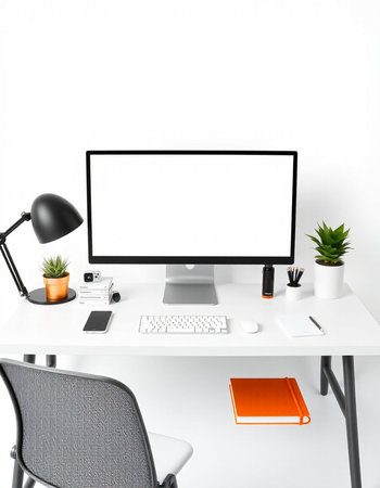Modern workspace with blank computer screen, supplies and decorations on white table. 3D Rendering