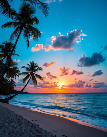 Beautiful sunset on the beach with palm trees. Maldives.の写真素材