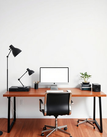 Workplace with computer, lamp and stationery. 3d renderの写真素材