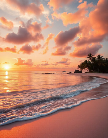 Beautiful sunset on the tropical beach with palm trees and sand.