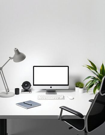 Minimalistic workplace with computer on white table. 3d renderの写真素材