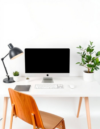 Modern workspace with computer, mouse, keyboard, lamp and plant on white background