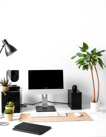 Modern workspace with computer, keyboard, mouse and other stuff. 3D Rendering