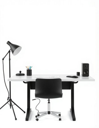 Interior of a modern office with black desk and black chair.の写真素材