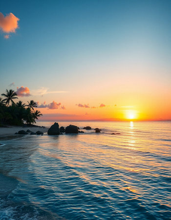 Tropical beach at beautiful sunset, Seychelles.