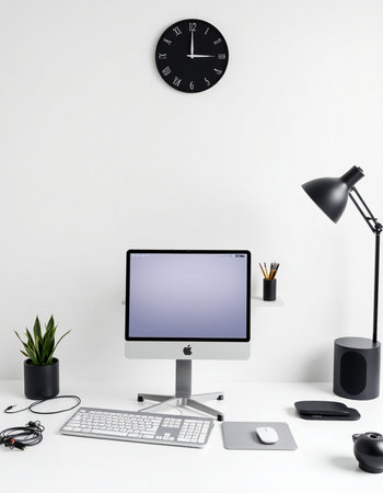 Modern workplace with computer on white wall background. Mock up, 3D Renderingの写真素材