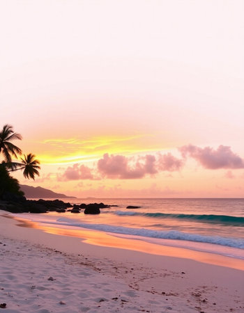 Tropical beach at sunset with palm trees, Seychellesの写真素材