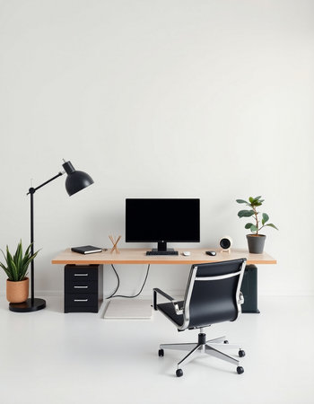 workplace with computer, lamp and plant. 3d rendering mock upの写真素材