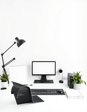 Modern workplace with computer, keyboard, mouse, notebook and lamp on white background