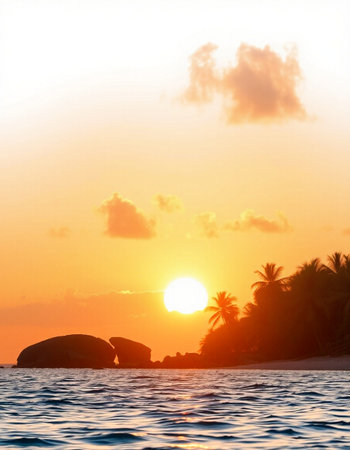 Tropical beach with palm trees at sunset, Seychellesの写真素材