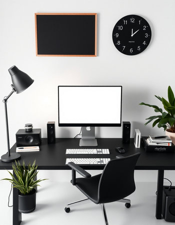 Modern workplace with computer, keyboard, mouse and other supplies. Mockup