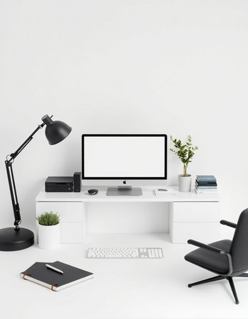 Workplace with blank screen computer on table. 3d render.