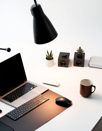 Office desk with laptop, coffee cup and computer mouse on white backgroundの写真素材