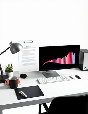 3D illustration PC screen on table in office, work from home concept