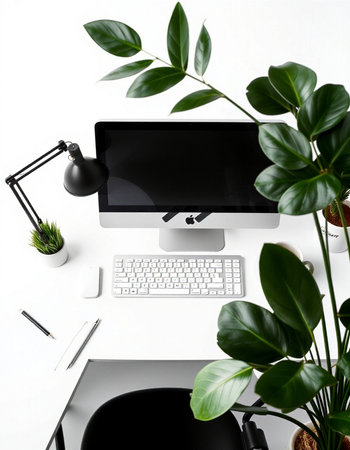 Modern white office desk with computer, keyboard, mouse, coffee cup and plants. Flat lay, top viewの写真素材