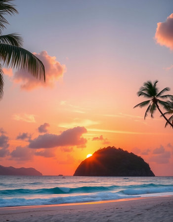 Beautiful sunset on the beach with palm trees in the foreground.の写真素材