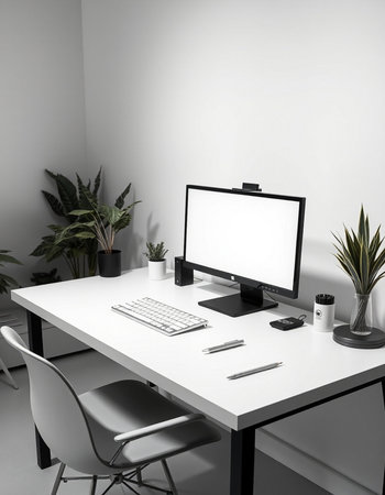 Minimalistic workspace with computer, supplies and plants. 3D Renderingの写真素材