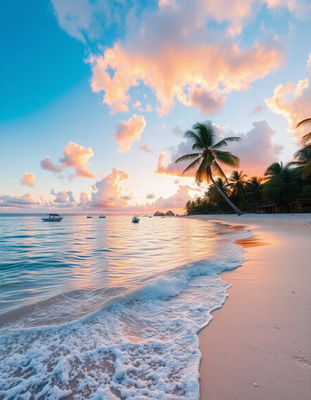 Beautiful sunset on the tropical beach with palm tree and sea wave