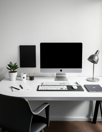 workplace with computer, lamp, keyboard and mouse on table in officeの写真素材