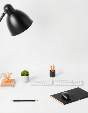 Minimal workspace with computer keyboard, mouse, lamp and other items. 3D Renderingの写真素材