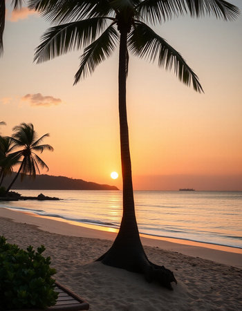 Palm tree on the beach at sunset, Koh Samui, Thailandの写真素材