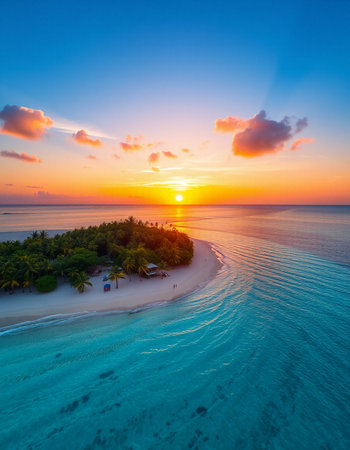 Aerial view of beautiful tropical beach and sea with coconut palm tree at sunset time for travel and vacationの写真素材