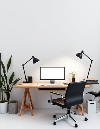 Workplace with computer, lamp and decoration. Workplace concept. 3D Renderingの写真素材