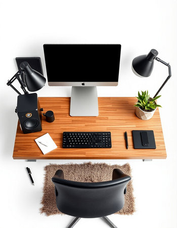 Top view of modern workplace with computer, stationery and accessories on white background.
