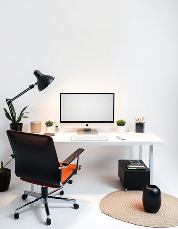Modern workplace with computer, lamp and other items. Mock up, 3D Renderingの写真素材