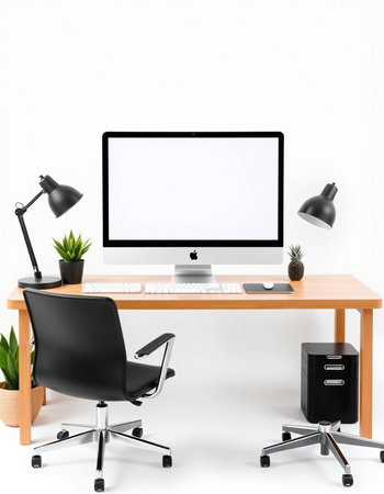 workplace with computer isolated on white background.
