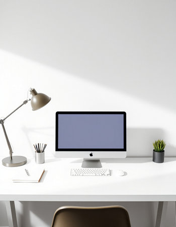Workplace with computer, lamp and stationery. 3d render