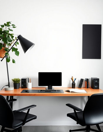 Workplace with computer, books, lamp and plant in modern office