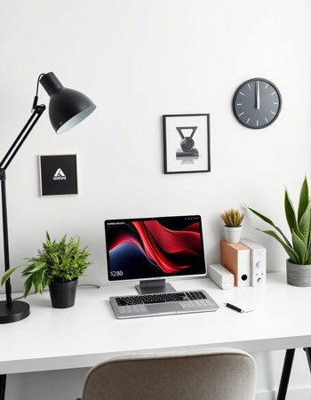 Modern workplace with laptop, lamp and other items on table. Mock up