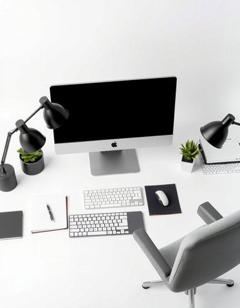 Modern workplace with computer and accessories on white background. 3D rendering.の写真素材