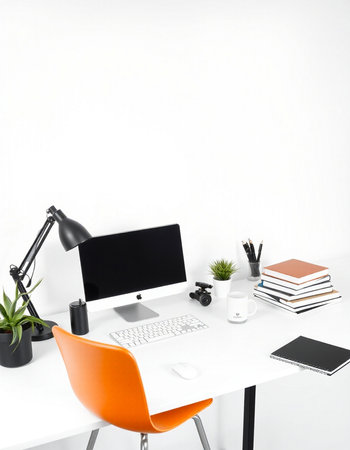Workplace with modern computer, lamp and stationery on white tableの写真素材