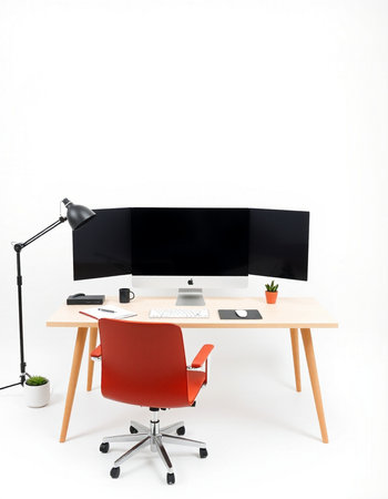 Office desk with computer and chair isolated on white background. Workplaceの写真素材