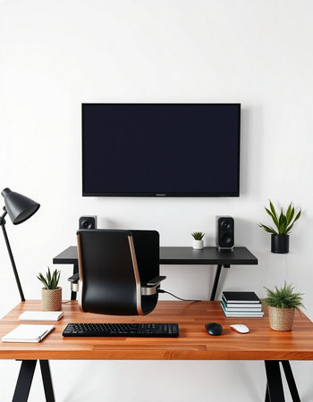 Interior of modern home office. Workplace with computer, laptop, tablet and stationery. Mock up
