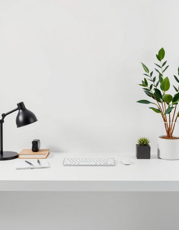 Minimalistic workplace with computer, keyboard and plant on white table.の写真素材