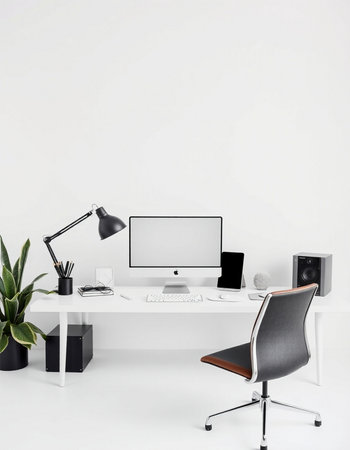 workplace with computer, lamp and plant in modern office, 3d render