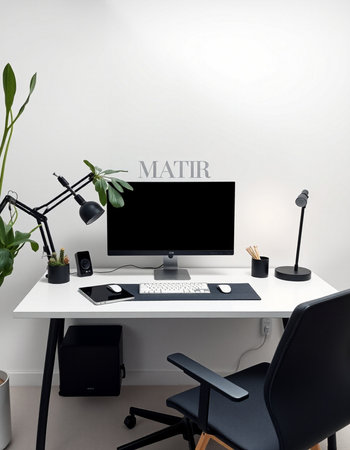Modern workspace with computer, keyboard, mouse, and stationery. Mock up