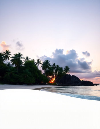 Tropical beach with coconut palm trees at sunset, Seychellesの写真素材