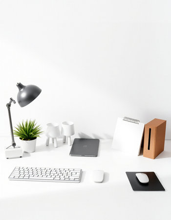 Minimalistic white office interior with computer, keyboard, mouse, lamp and plant. 3d render